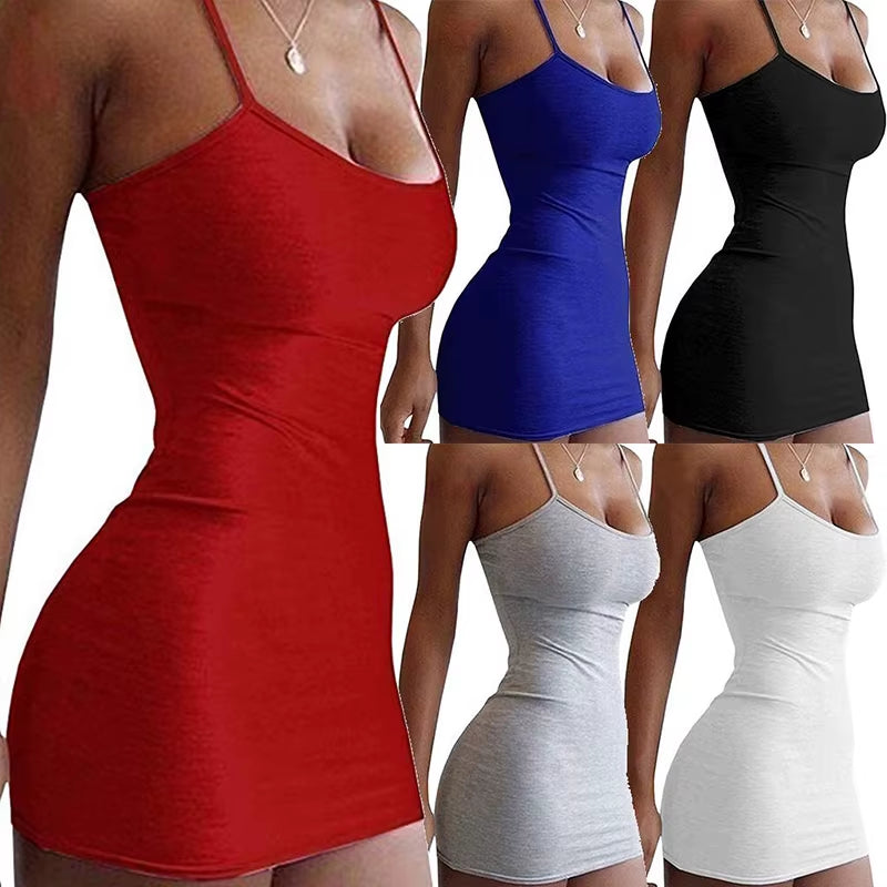Stretch Sexy Women Strap Dress Slim Fit Bodycon Party Vestido Mini Solid Sling Dreses Summer Fashion Sheath Club Spaghetti Strap