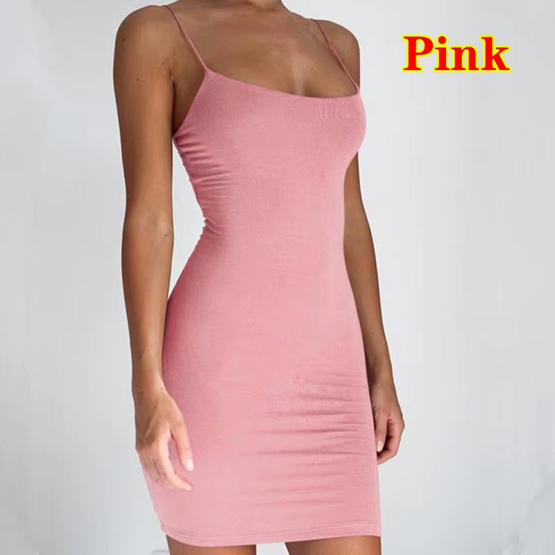 Stretch Sexy Women Strap Dress Slim Fit Bodycon Party Vestido Mini Solid Sling Dreses Summer Fashion Sheath Club Spaghetti Strap