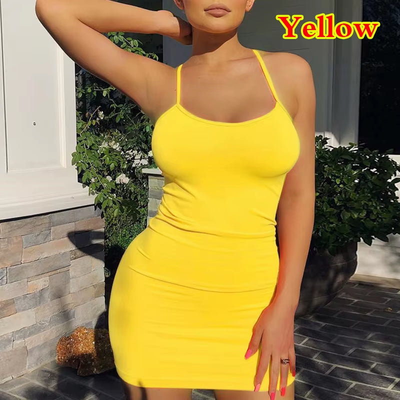 Stretch Sexy Women Strap Dress Slim Fit Bodycon Party Vestido Mini Solid Sling Dreses Summer Fashion Sheath Club Spaghetti Strap